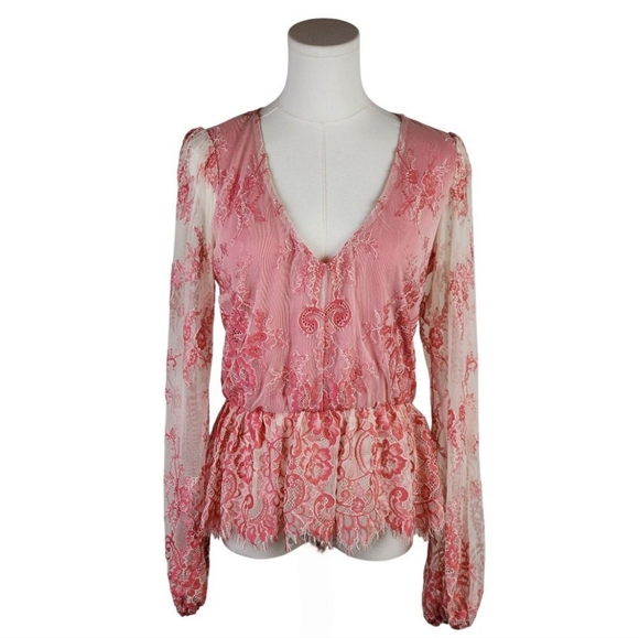 Willow & Root Pink Eyelash Lace Peplum Blouse Sheer Sleeves Size M Romantic - Picture 1 of 8